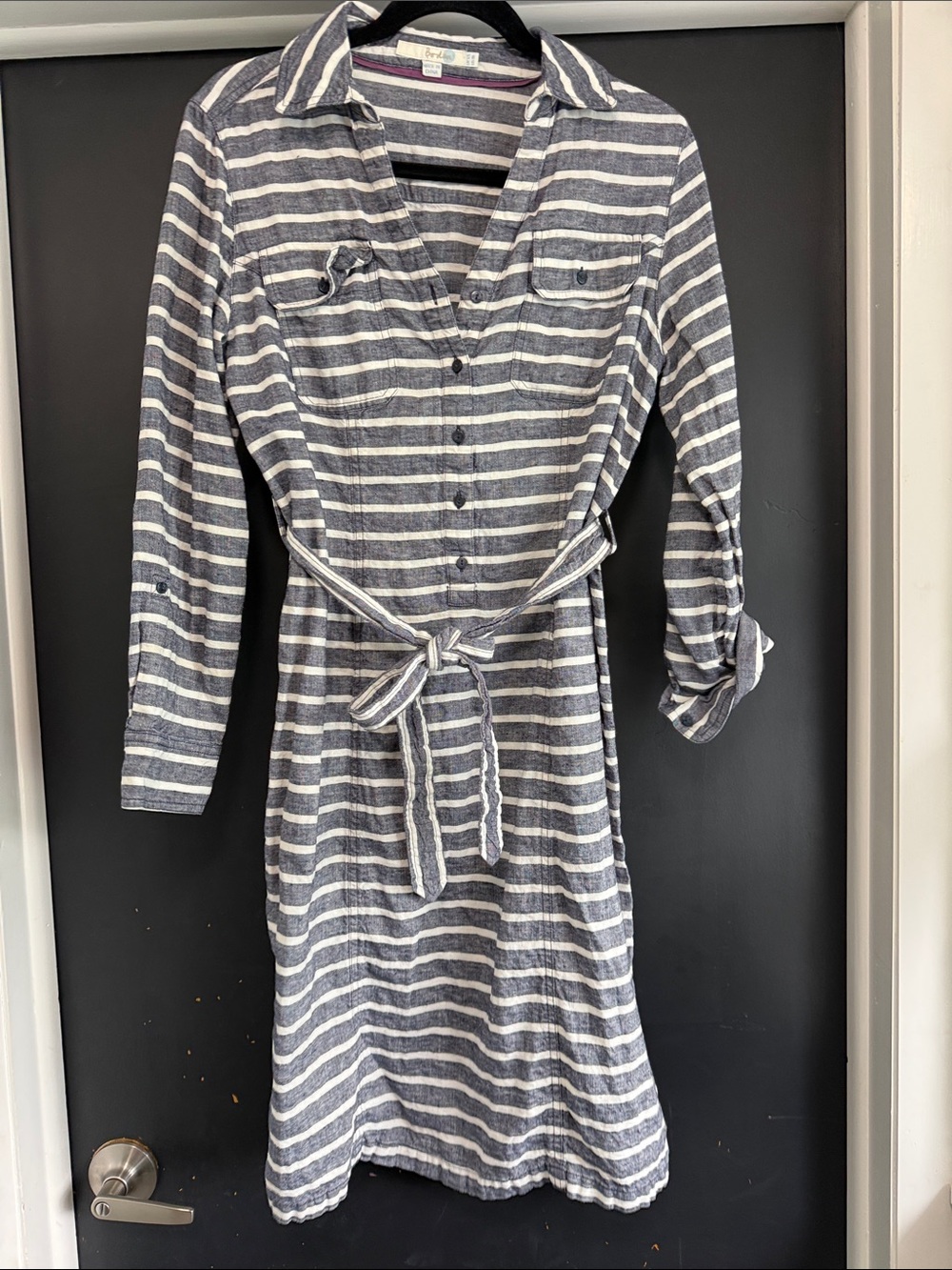Boden Navy & White Striped Long-Sleeve Shirt Dress with Tie